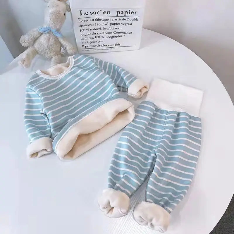 1Set Boy Girl Warm Clothing Set Baby Fleece Lined Striped Underwear Sleepwear Autumn Winter Children Comfort Home Pajamas Suits
