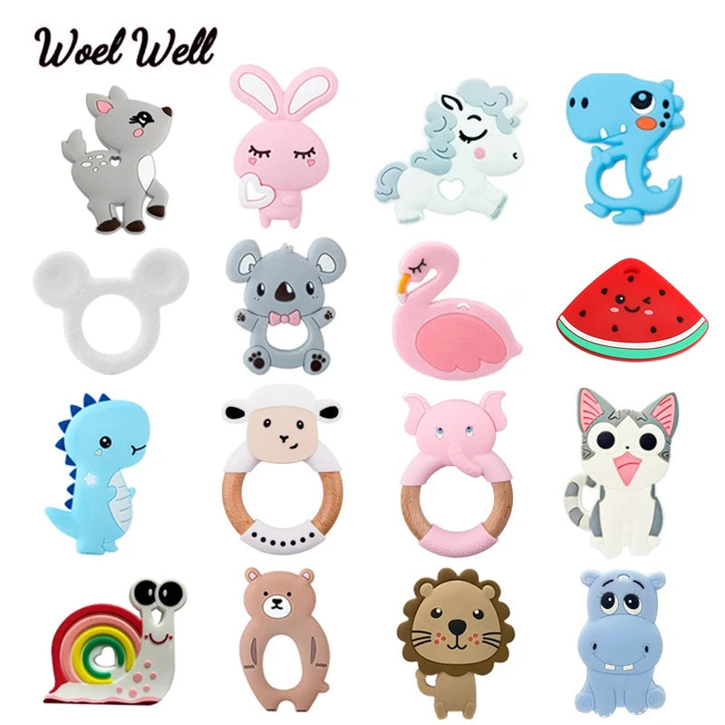 5pcs Food Grade Silicone Baby Teether Baby Teething Toy Pendant Bear Rabbit Cat Dinosaur Beads DIY Hippo Lion Chew