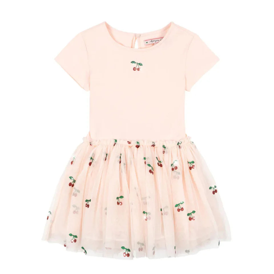 2026 Summer KS Baby Girls Princess Dresses Kids Clothes Dance Dress Girls Cherry Mesh Sequins Dresses Children's Party Vestidos