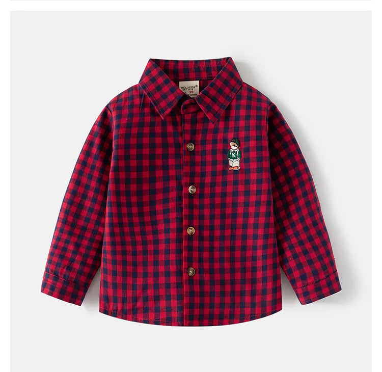 IYEAL Spring Autumn Long Sleeve Boy's Plaid Shirts Casual Classic Turn-down Collar Tops With Pocket  for Children Kids Clothes
