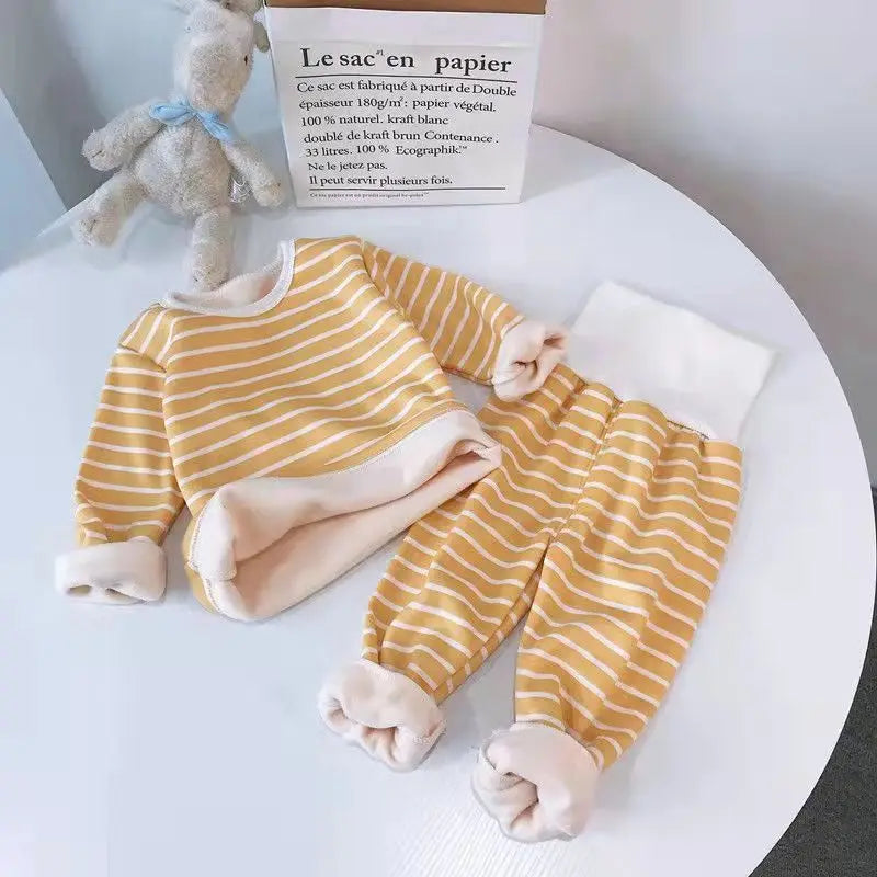 1Set Boy Girl Warm Clothing Set Baby Fleece Lined Striped Underwear Sleepwear Autumn Winter Children Comfort Home Pajamas Suits