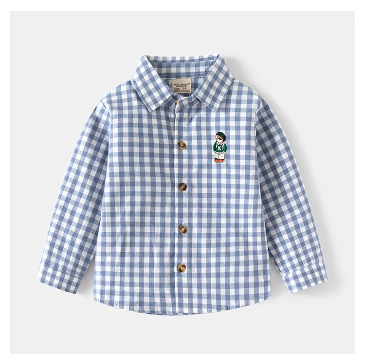 IYEAL Spring Autumn Long Sleeve Boy's Plaid Shirts Casual Classic Turn-down Collar Tops With Pocket  for Children Kids Clothes