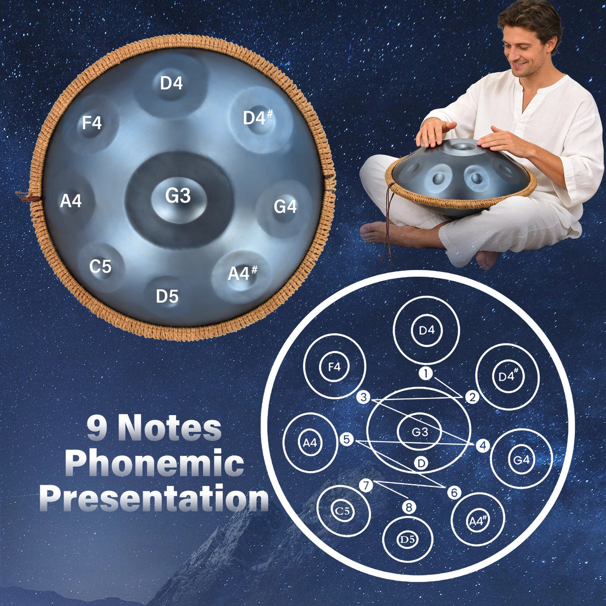 Hand Pan Drum, G Minor 9 Notes 18 Inches Meditation Drum, Musical Instruments, Portable Handpan Set for Children, Boys, Girls, Adults