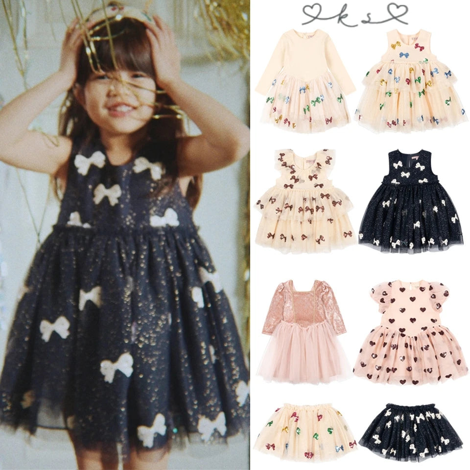2026 Spring KS Baby Girls Princess Dresses Kids Clothes Girls Bowknot Mesh Sequins Dresses New Children's Skirts Party Vestidos