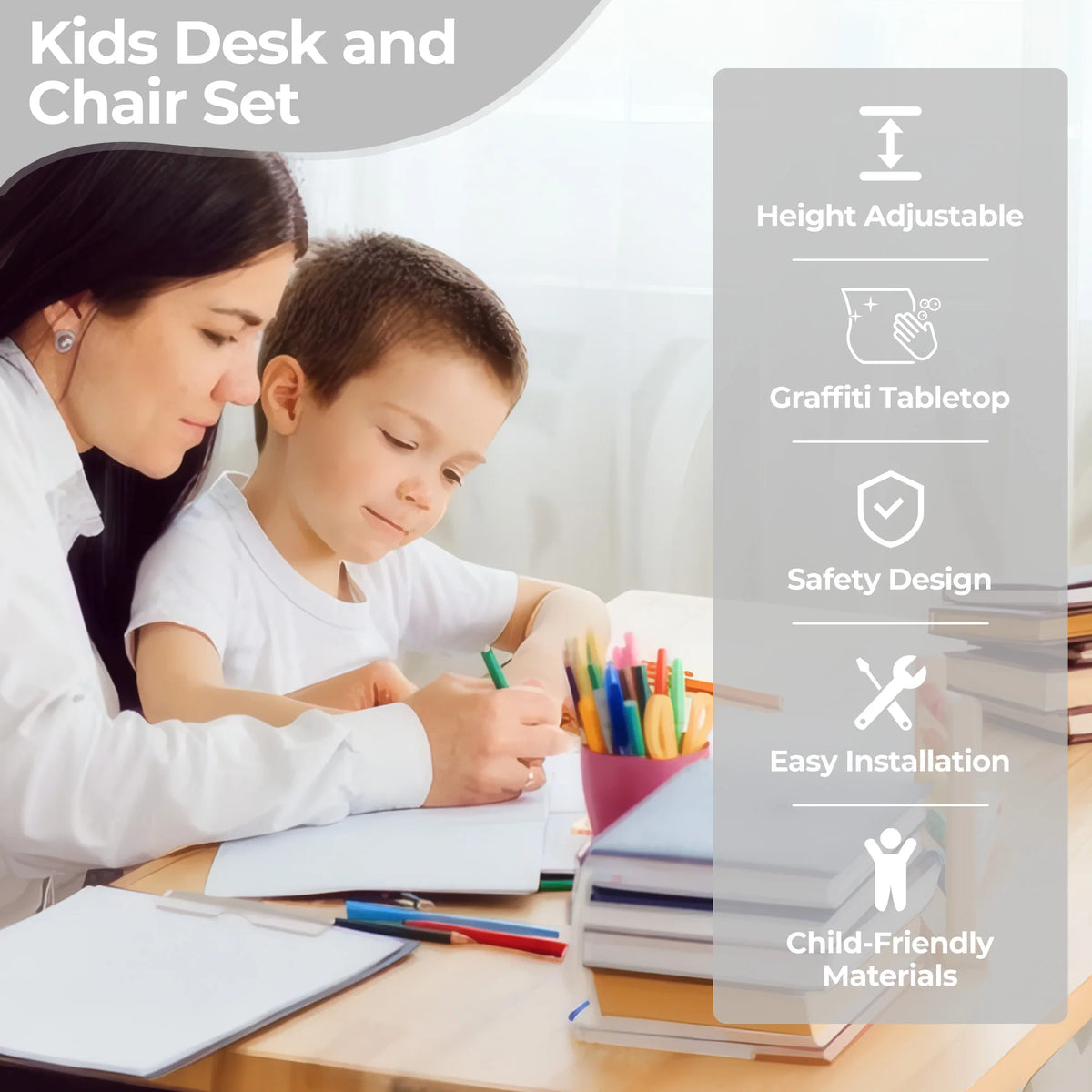 Kids Adjustable Activity Table and Chair Set, Height-Adjustable Children’s Table and Seating Set, Gray