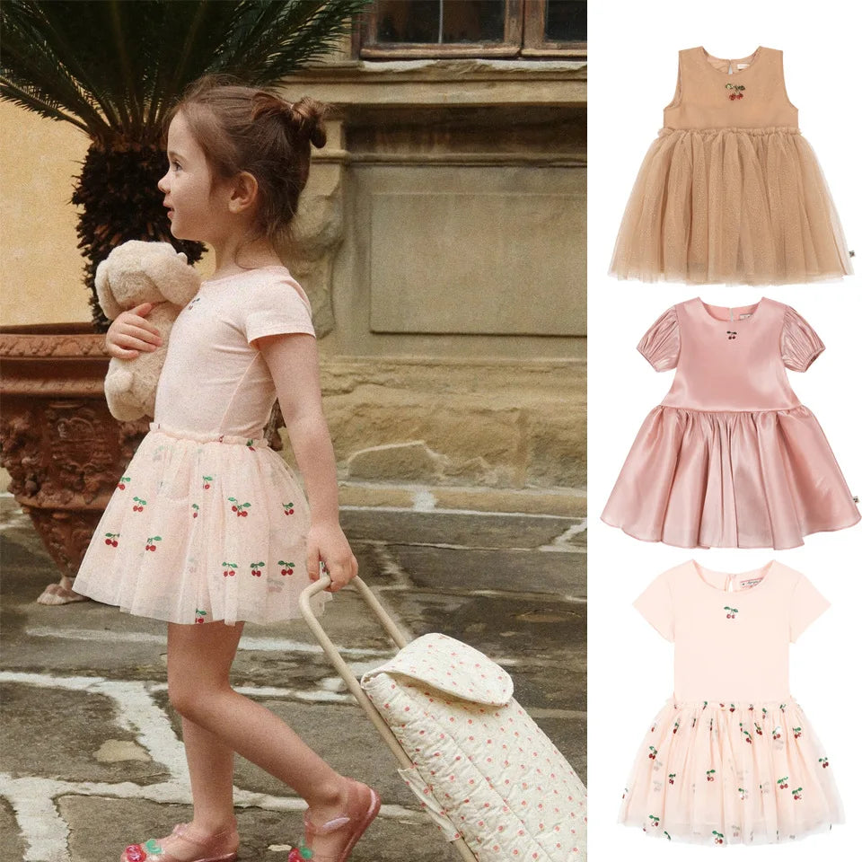 2026 Summer KS Baby Girls Princess Dresses Kids Clothes Dance Dress Girls Cherry Mesh Sequins Dresses Children's Party Vestidos