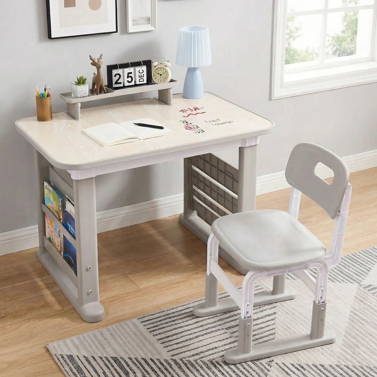 Kids Adjustable Activity Table and Chair Set, Height-Adjustable Children’s Table and Seating Set, Gray