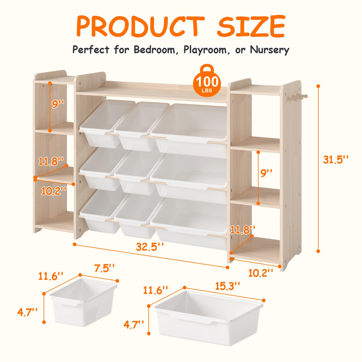 White Toy Storage Organizer with 6 Shelves 9 Bins & 6 Hooks Kids Bookshelf for Playroom Nursery Bedroom Toddler Room - Toy Organization Unit