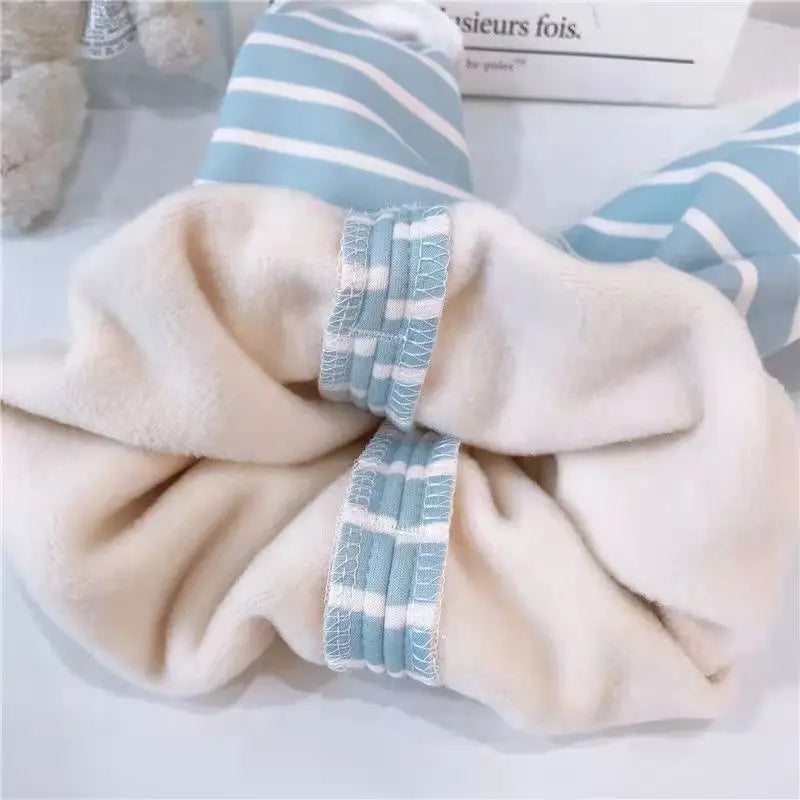 1Set Boy Girl Warm Clothing Set Baby Fleece Lined Striped Underwear Sleepwear Autumn Winter Children Comfort Home Pajamas Suits