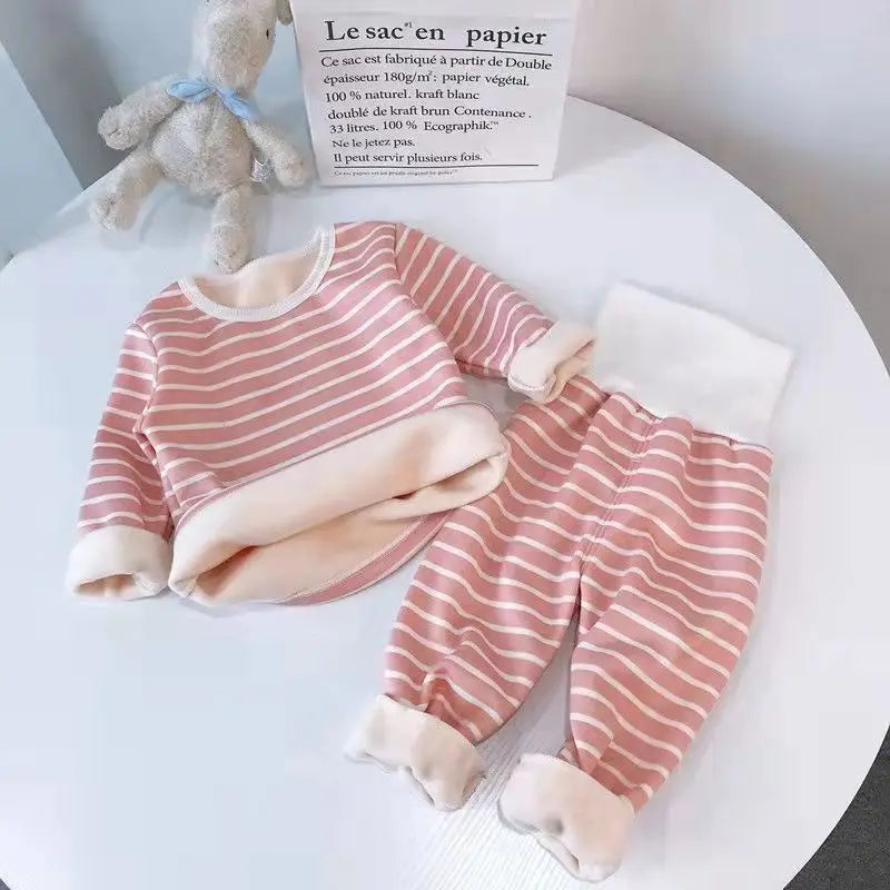 1Set Boy Girl Warm Clothing Set Baby Fleece Lined Striped Underwear Sleepwear Autumn Winter Children Comfort Home Pajamas Suits