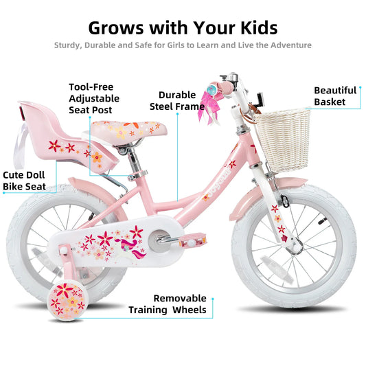 Joystar Unicorn Kids Bike 12-20 Inch Training Wheels Doll Seat Streamers Basket Included for Girls Ages 2-10