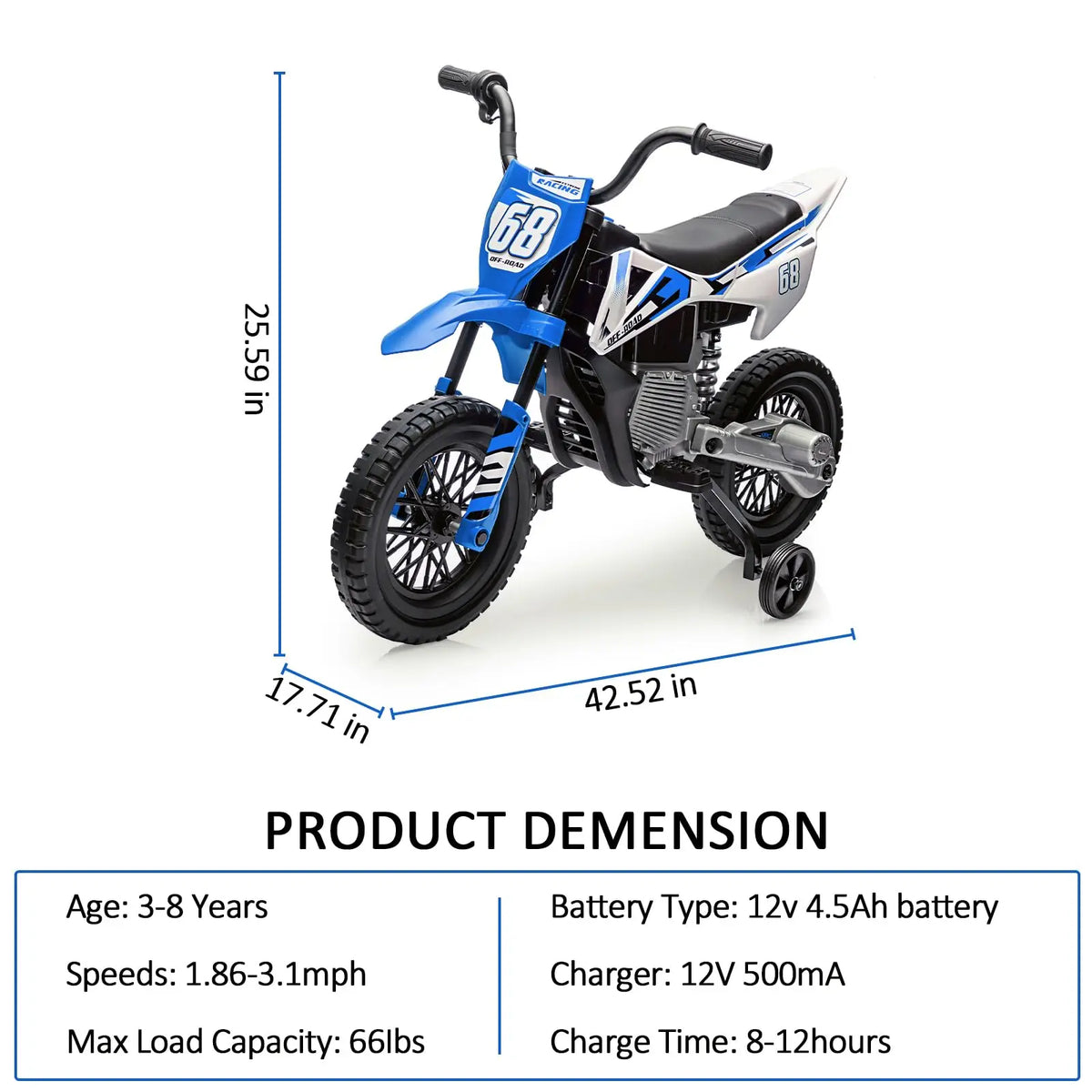12V Kids Electric Dirt Bike - Ride-On Motorcycle Toy with Training Wheels, Twist Grip Throttle, Dual 25W Motors, Spring Suspension, wireless Music, Safe Outdoor Electric Bike for Boys & Girls Ages 3+ (Pink/Blue/Red)