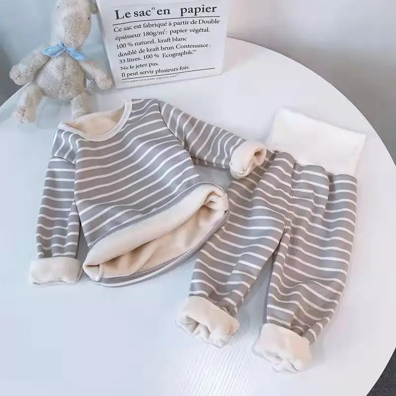 1Set Boy Girl Warm Clothing Set Baby Fleece Lined Striped Underwear Sleepwear Autumn Winter Children Comfort Home Pajamas Suits
