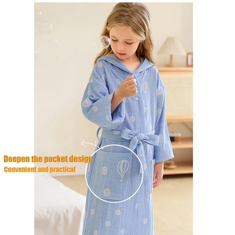 Children's Bathrobe 100% Cotton Double Layer Gauze Robes Cute Long Sleeve Hooded Print Kids Clothes Homewear Sleepwear Boys Girl