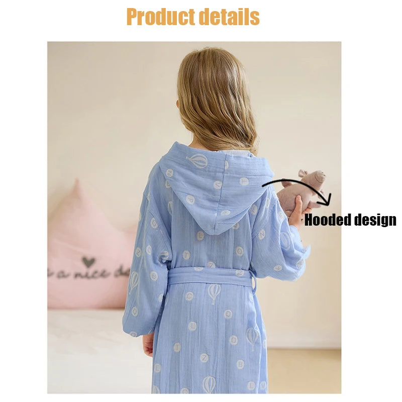 Children's Bathrobe 100% Cotton Double Layer Gauze Robes Cute Long Sleeve Hooded Print Kids Clothes Homewear Sleepwear Boys Girl