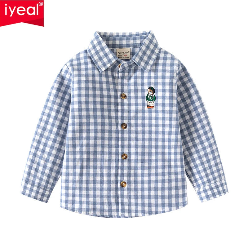 IYEAL Spring Autumn Long Sleeve Boy's Plaid Shirts Casual Classic Turn-down Collar Tops With Pocket  for Children Kids Clothes