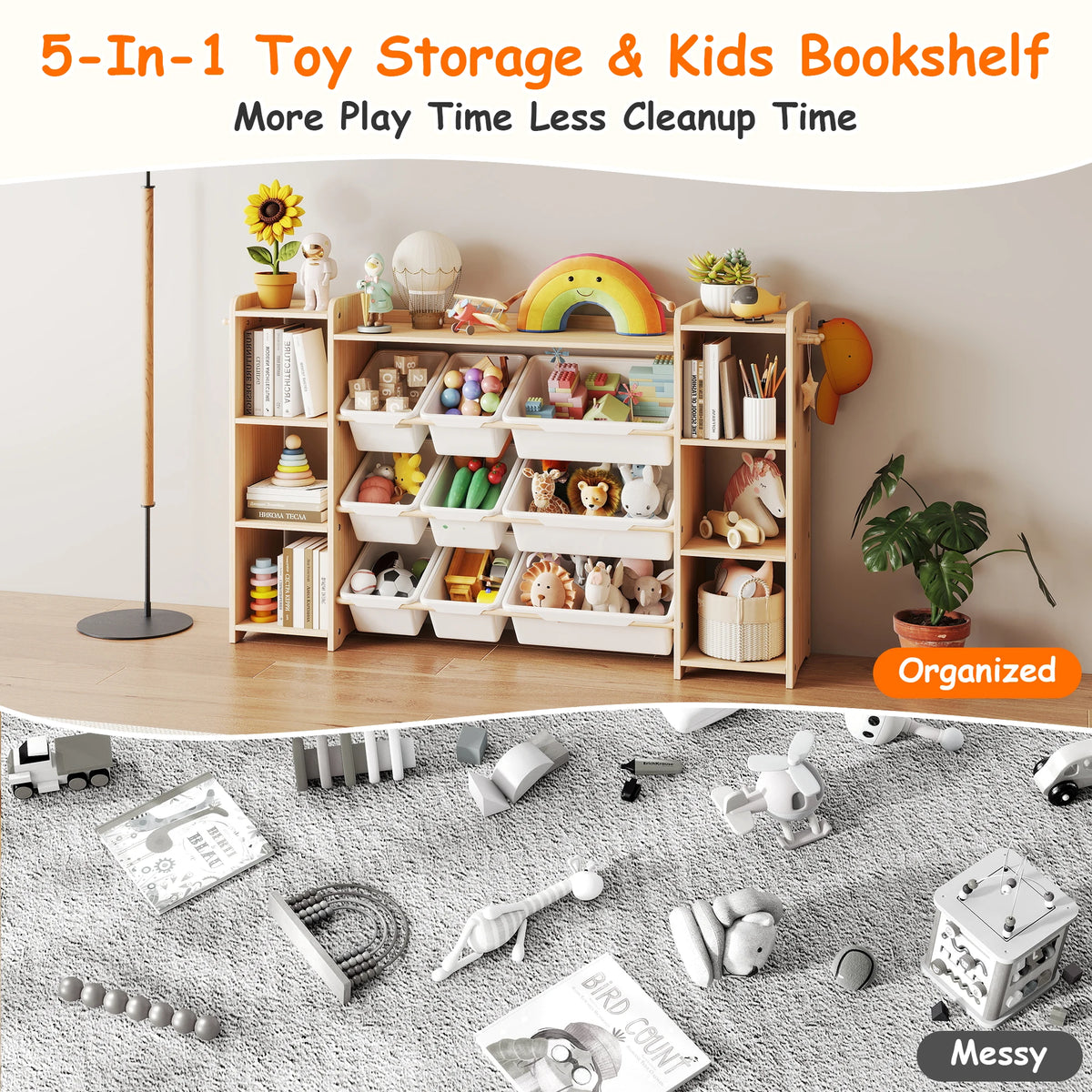 White Toy Storage Organizer with 6 Shelves 9 Bins & 6 Hooks Kids Bookshelf for Playroom Nursery Bedroom Toddler Room - Toy Organization Unit
