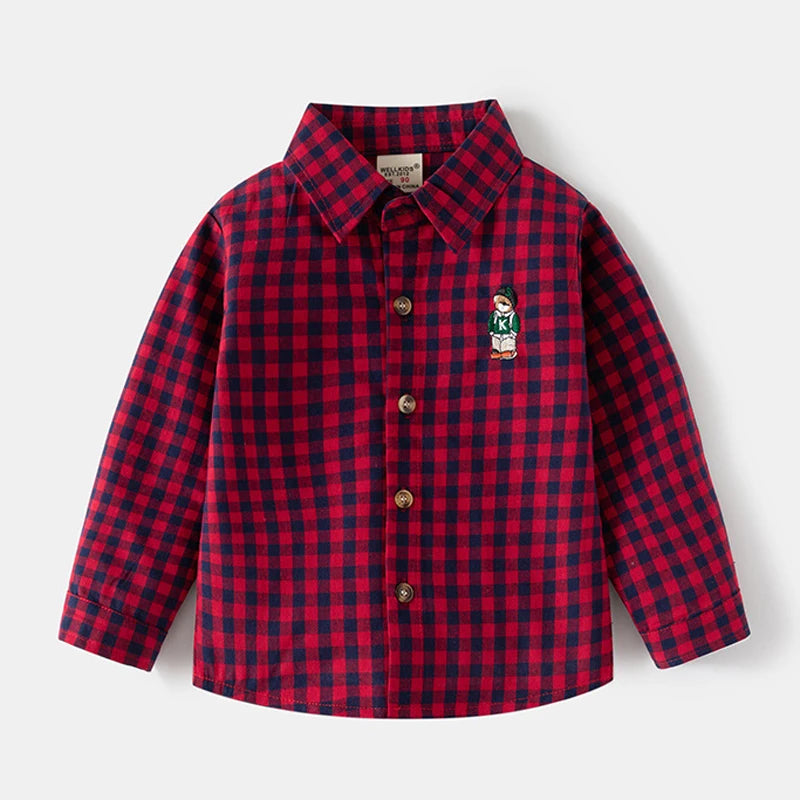 IYEAL Spring Autumn Long Sleeve Boy's Plaid Shirts Casual Classic Turn-down Collar Tops With Pocket  for Children Kids Clothes