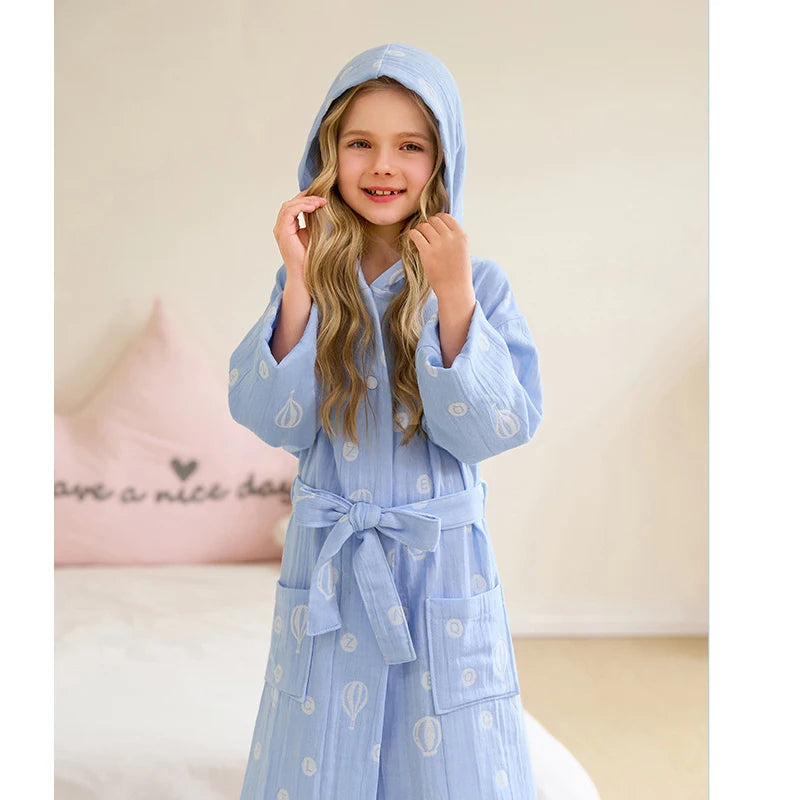 Children's Bathrobe 100% Cotton Double Layer Gauze Robes Cute Long Sleeve Hooded Print Kids Clothes Homewear Sleepwear Boys Girl