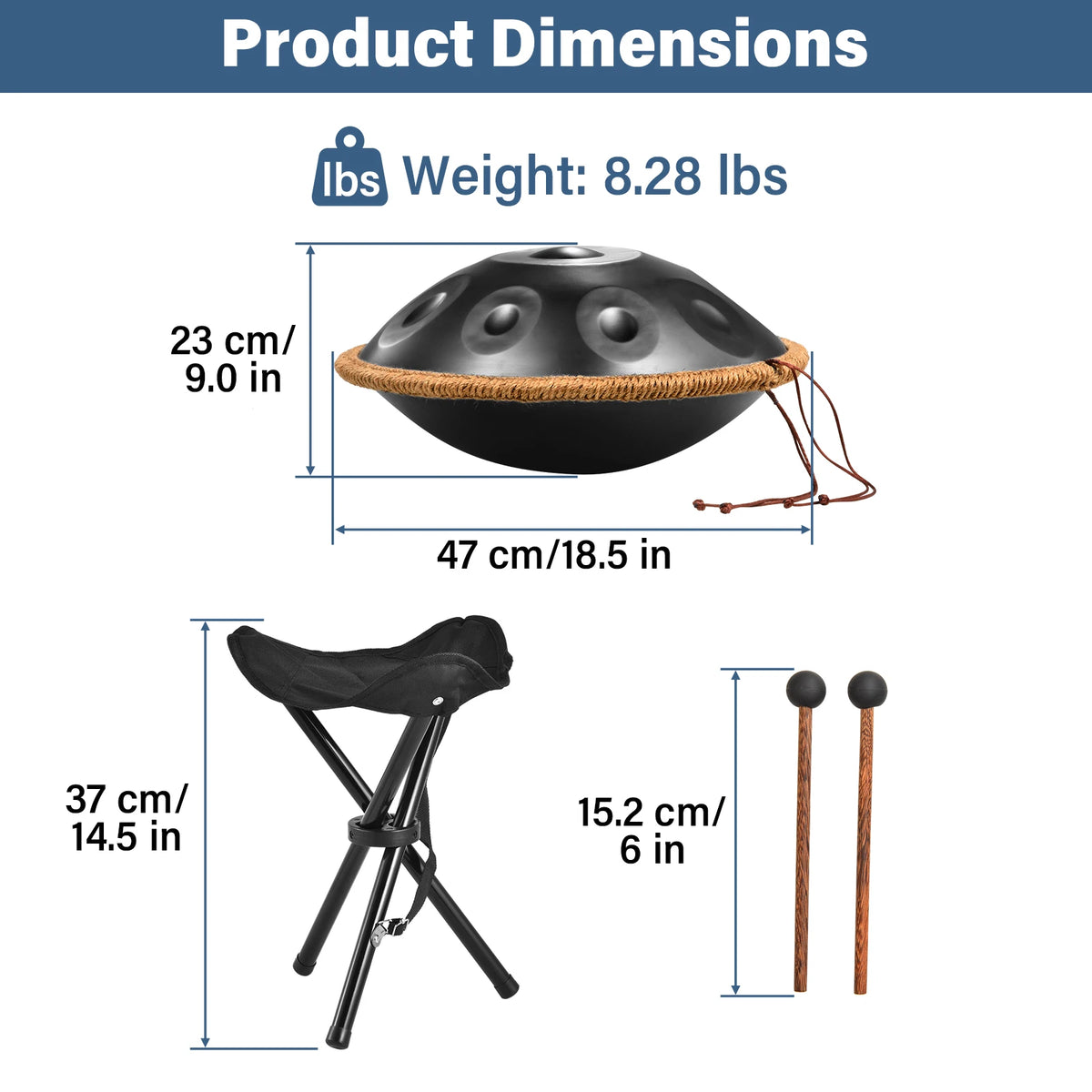 Hand Pan Drum, G Minor 9 Notes 18 Inches Meditation Drum, Musical Instruments, Portable Handpan Set for Children, Boys, Girls, Adults