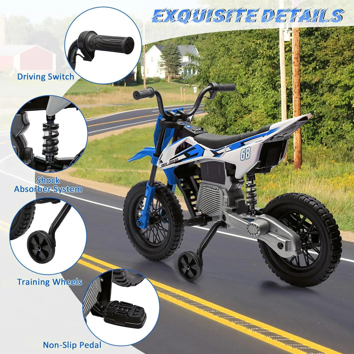 12V Kids Electric Dirt Bike - Ride-On Motorcycle Toy with Training Wheels, Twist Grip Throttle, Dual 25W Motors, Spring Suspension, wireless Music, Safe Outdoor Electric Bike for Boys & Girls Ages 3+ (Pink/Blue/Red)