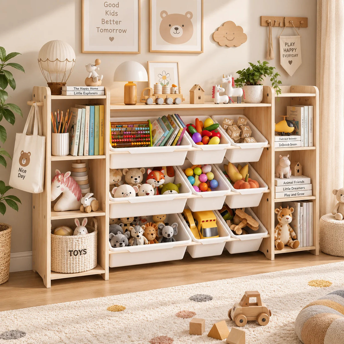 White Toy Storage Organizer with 6 Shelves 9 Bins & 6 Hooks Kids Bookshelf for Playroom Nursery Bedroom Toddler Room - Toy Organization Unit