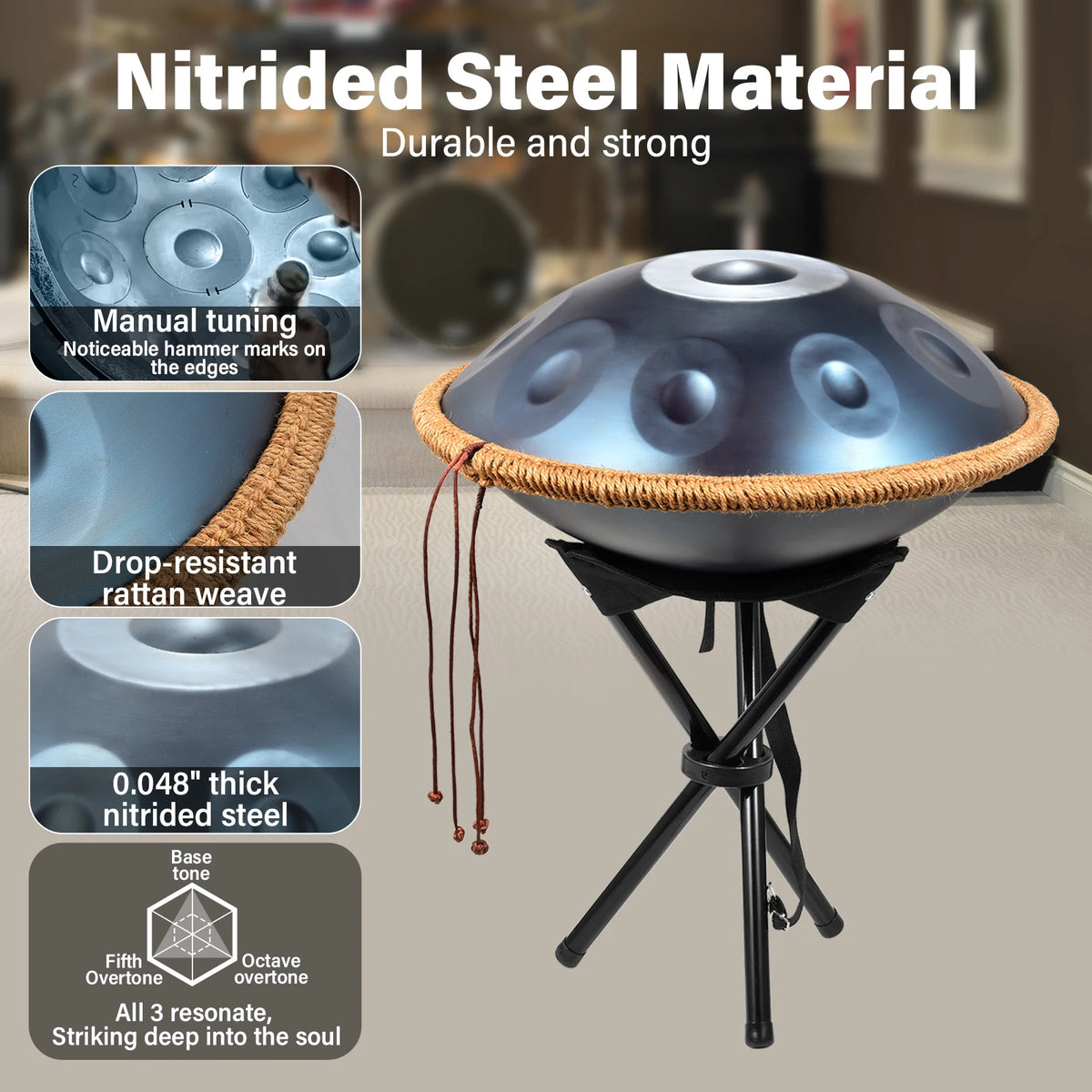 Hand Pan Drum, G Minor 9 Notes 18 Inches Meditation Drum, Musical Instruments, Portable Handpan Set for Children, Boys, Girls, Adults