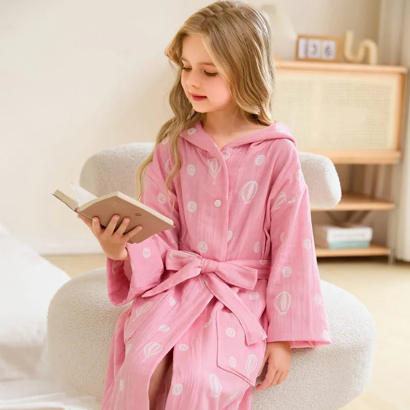 Children's Bathrobe 100% Cotton Double Layer Gauze Robes Cute Long Sleeve Hooded Print Kids Clothes Homewear Sleepwear Boys Girl