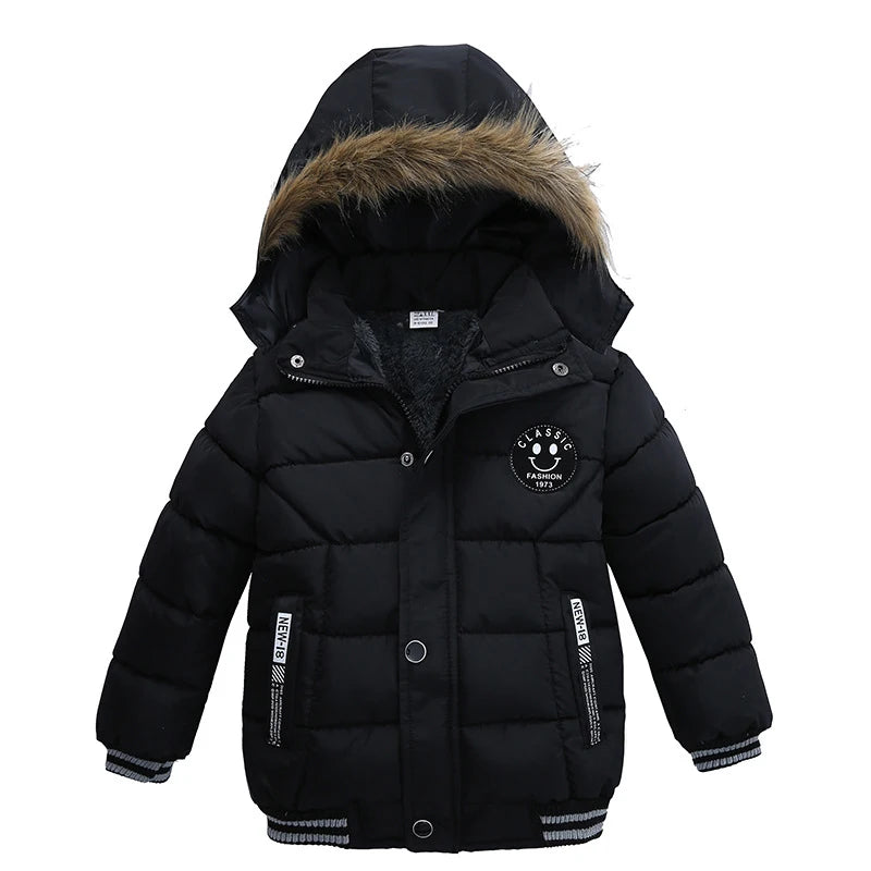 New Keep Warm Baby Coat Autumn Winter Boys Jacket  Hooded Zipper Fashion Fur Collar Boys Outerwear 2 3 4 5 6 Years Kids Clothes