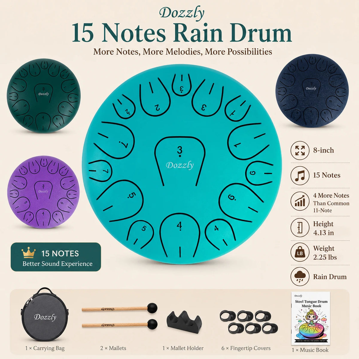 Rain Drum For Outside Garden Steel Tongue Drum 8 Inch 15 Notes Hand Pan Drum Percussion Musical Instruments for Yoga Camping