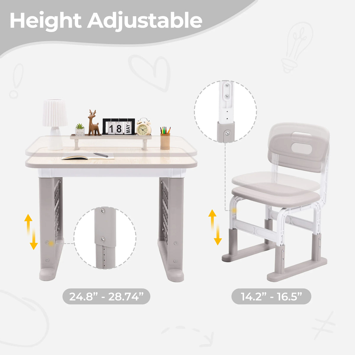 Kids Adjustable Activity Table and Chair Set, Height-Adjustable Children’s Table and Seating Set, Gray