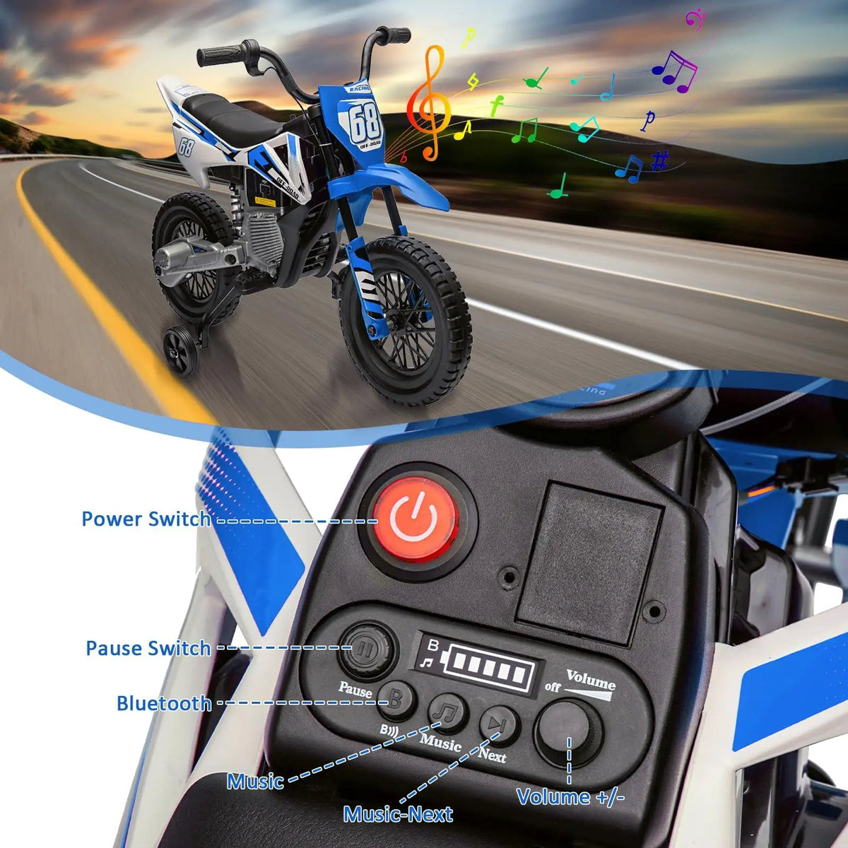 12V Kids Electric Dirt Bike - Ride-On Motorcycle Toy with Training Wheels, Twist Grip Throttle, Dual 25W Motors, Spring Suspension, wireless Music, Safe Outdoor Electric Bike for Boys & Girls Ages 3+ (Pink/Blue/Red)