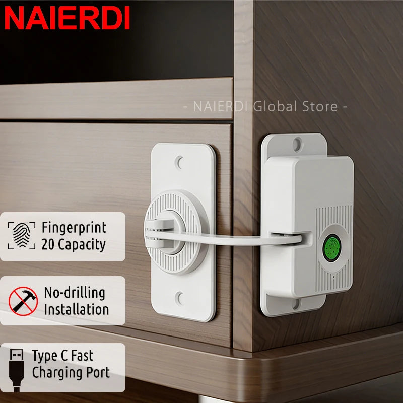 NAIERDI Fingerprint Cabinet Lock Electronic No Drill Keyless Child Safety Drawer Lock Sliding Door Lock Security Windows Lock