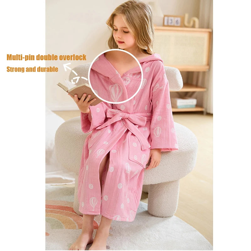 Children's Bathrobe 100% Cotton Double Layer Gauze Robes Cute Long Sleeve Hooded Print Kids Clothes Homewear Sleepwear Boys Girl